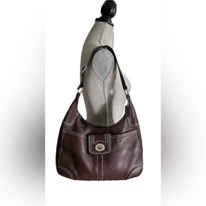 Coach F13956 Dark Brown Shoulder Bag, Turnlock vintage pebble leather hobo bag